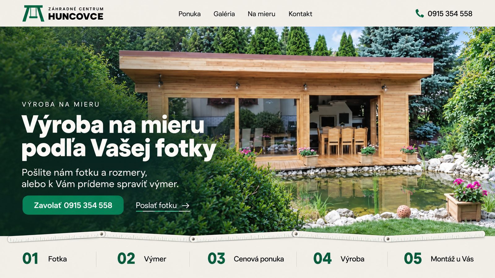 Návrh úvodnej stránky: Váš záhradný domček pri jazierku, nadpis Výroba na mieru podľa Vašej fotky a päť krokov od fotky po montáž